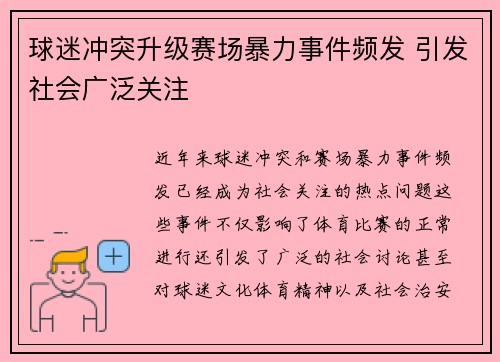 球迷冲突升级赛场暴力事件频发 引发社会广泛关注 球迷冲突升级赛场暴力事件频发 引发社会广泛关注