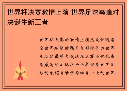 世界杯决赛激情上演 世界足球巅峰对决诞生新王者