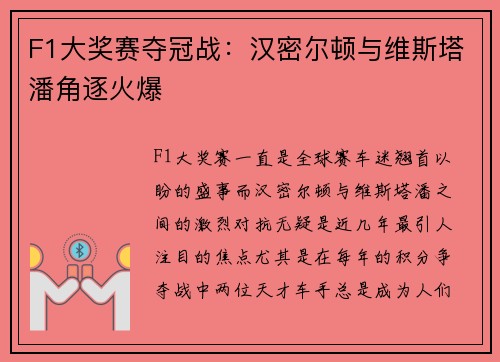 F1大奖赛夺冠战：汉密尔顿与维斯塔潘角逐火爆